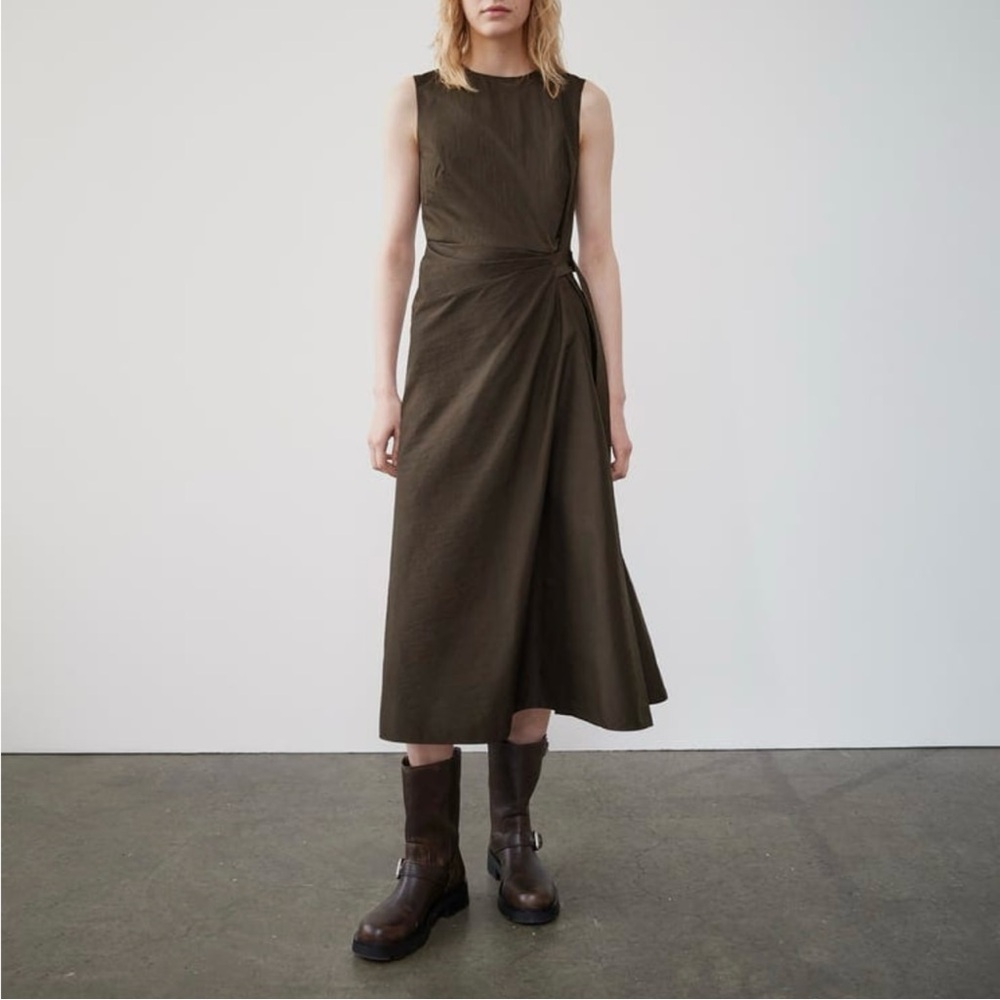 Zara Collection Dark Brown Sheath Mock Wrap Midi Dress Size M